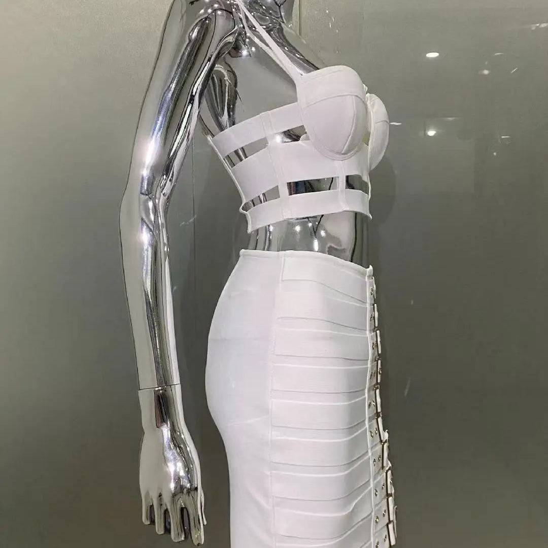 2025 Summer women's new white sexy camisole top+belt buckle mini skirt fashionable 2 piece bandage set