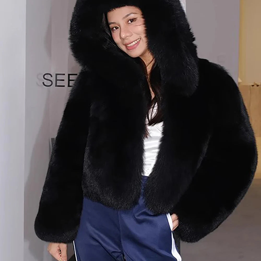 Faux fur coat for Women Luxury fur coat faux fur jackets for women faux fur Hooded coat Vintage fur coat black