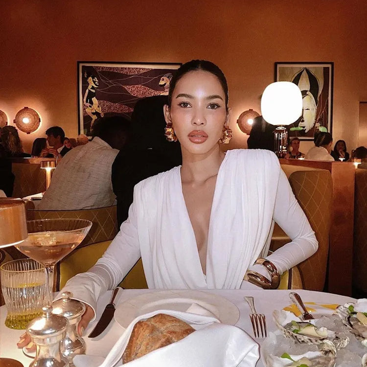 Women Celebrity Sexy Long Sleeve Deep V Neck Ruched White Maxi Long Gowns Dress 2025 Elegant Evening Party Club Vestido