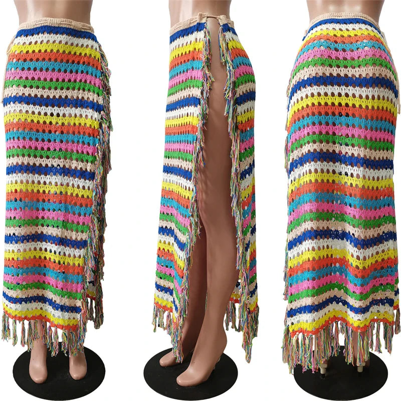 Colorful Hand Crochet Tassel Maxi Skirts Women Fashion Sexy Side High Split Knitted Long Beach Cover Ups Casual Petticoats colorful