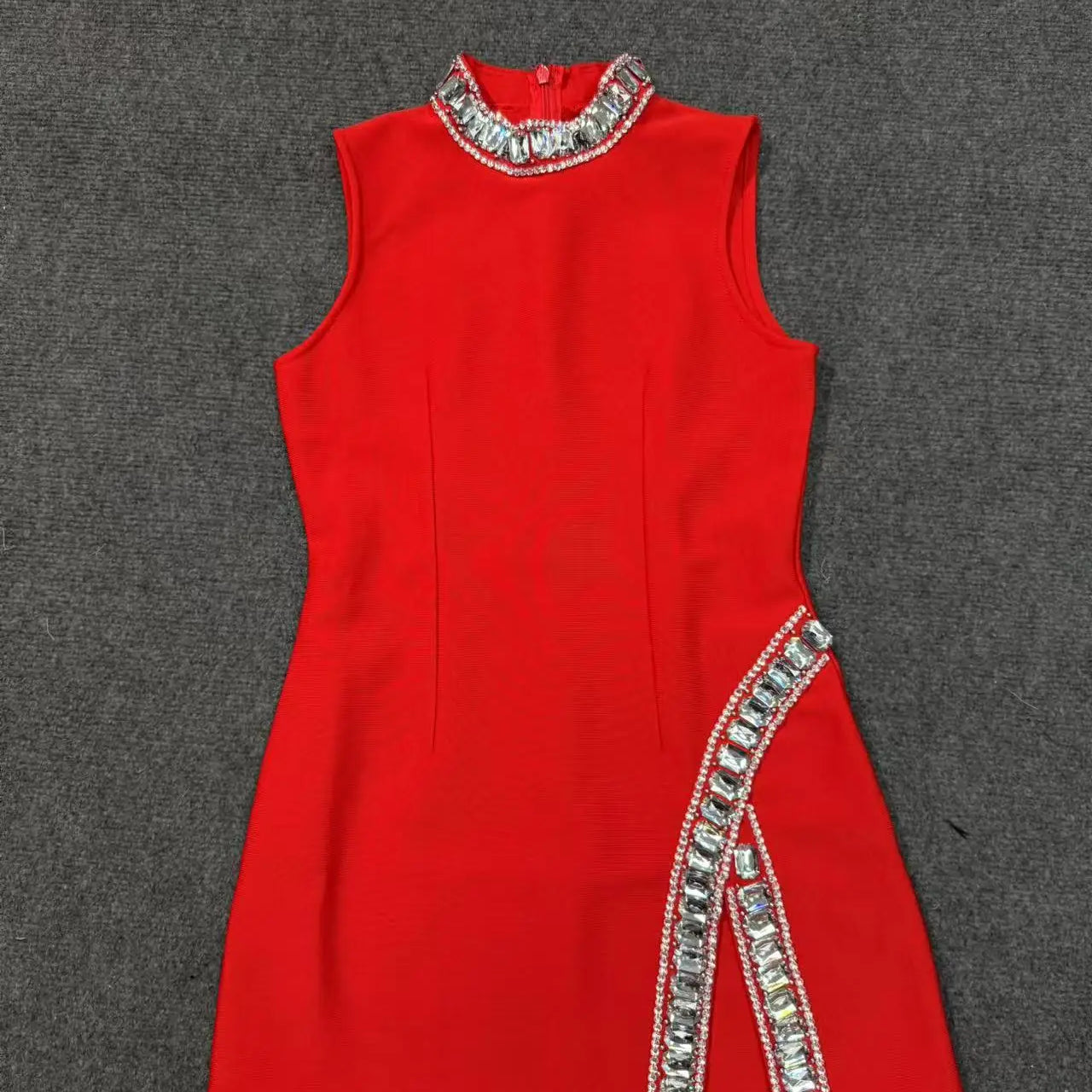 2025 Summer Women's New Black Bright Diamond Sleeveless Round Neck Slimming Bandage Dress Sexy Fashion Club Party Dress Red