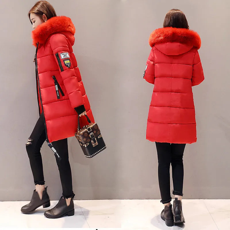 Winter Women Parka Coats Long Cotton Casual Fur Hooded Jackets Thick Warm Slim-fit Jacket Female Overcoat Clothing Red