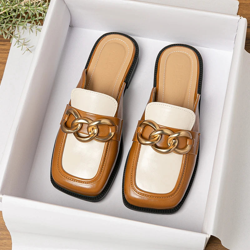 2023 spring and autumn women wear flat slippers british style party and work wear metal chain design Ladies Casual Mules 41-43 Brown