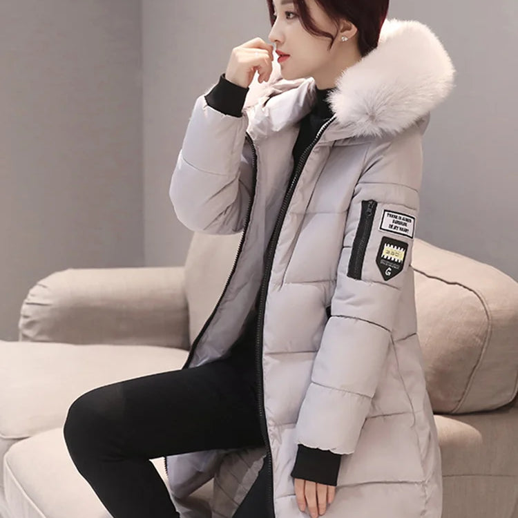 Women Winter Fur Collar Hooded Parka Fashion Letter Patch Zipper Pockets Design Long Jacket Elegant Slim Warm Thick Female Coats Grey