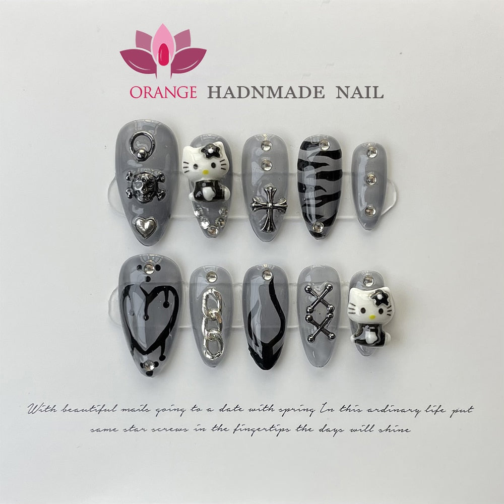 Acrylic Press on Nails With 3d Designs Kawaii Cat Cute Full Cover Artificial Nails Black Color Handmade Japanese Manicuree Nails