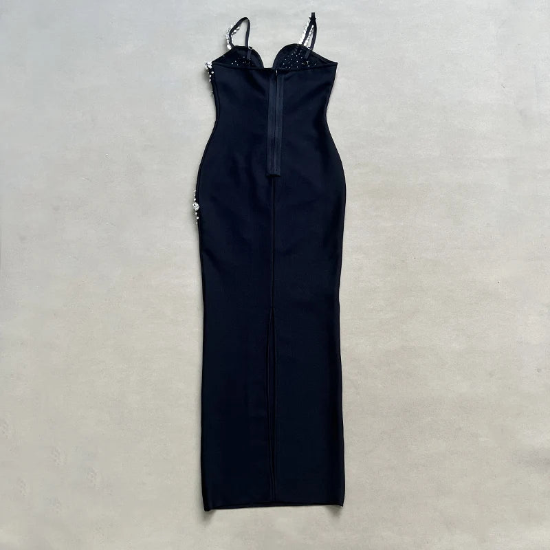 High quality women's summer new black sexy suspender hot stamping diamond backless slim fitting bandage dress elegant and fashio