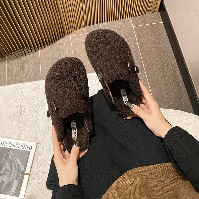 2023 Winter Warm Women’s Plush Slippers flat shoes Wear at home and in the office Ladies casual mules 41-43 Chocolate