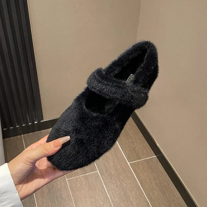 2023 Winter Warm Women’s Plush Flat Shoes Korean style mary jane Ladies casual boat shoes Outdoor work shoes black