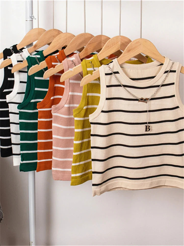 Colorfaith New 2022 Basic Bottoming Striped Chain Elasticity Vests Women Tank & Camis Autumn Winter Wild Crop Short Tops V3420DG
