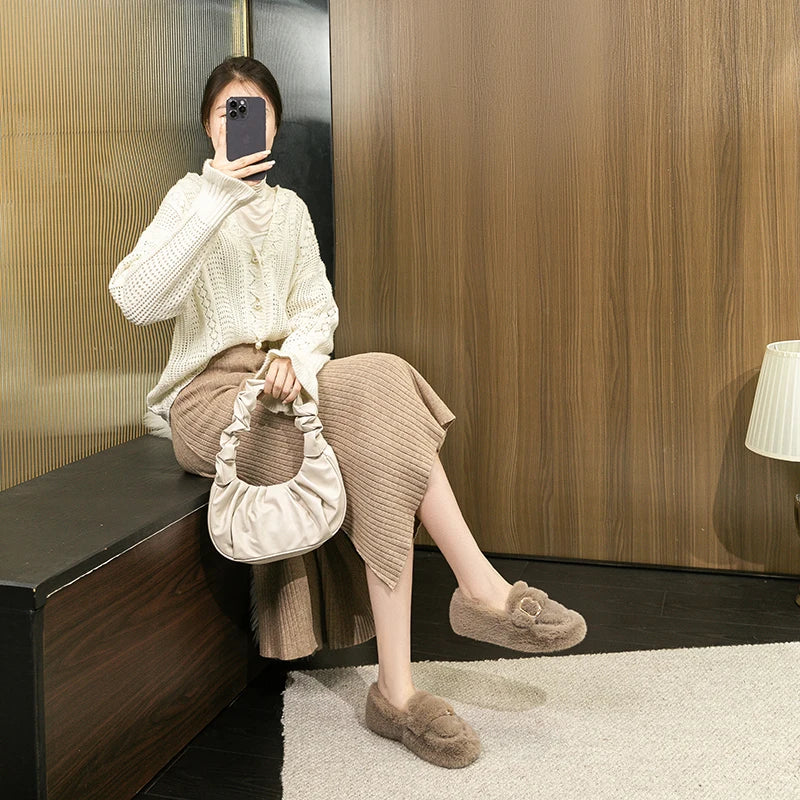 2023 winter women's outdoor plush warm shoes Korean style metal belt buckle snow boots black boat shoes Ladies' casual flats