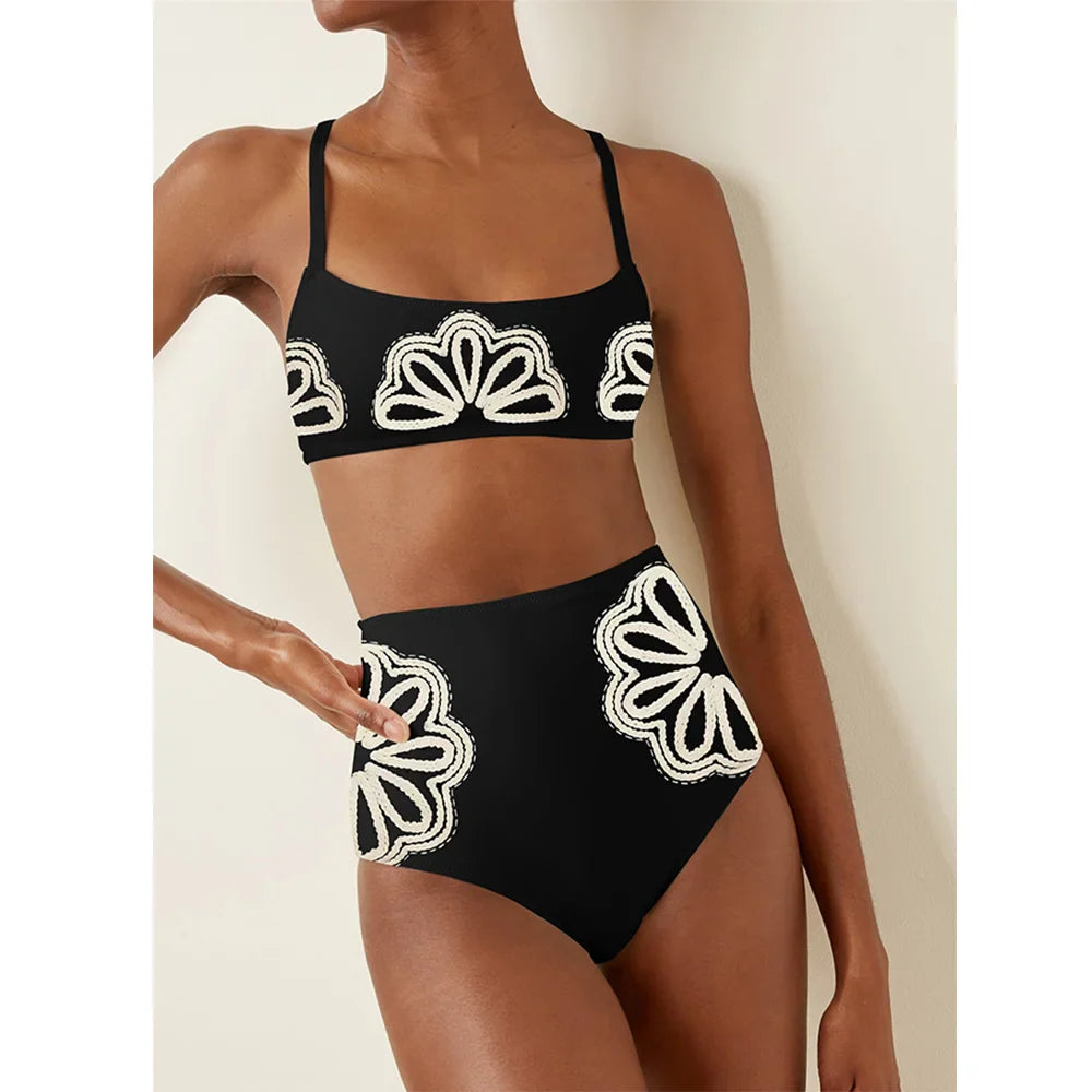 White Simple Print Fashion Bikini Swimsuit Two Pieces Tankini Women Holiday Beach Dress Patchwork Women String Bathing Suit