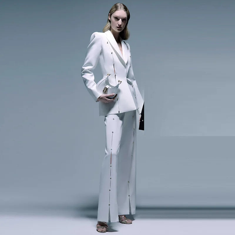 2025 new arrival star fashion socialite temperament diamond studded hollow out suit pants set two-piece set WHITE