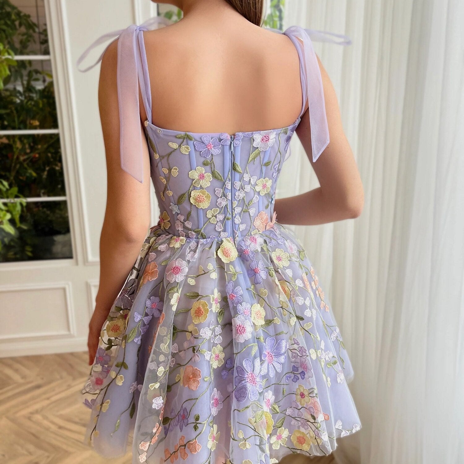 Adjustable Tie Bow strap Light Purple Mini Floral Dress 3D Embroidery Layered Evening Prom Dress Elegant Summer Flowers Dresses