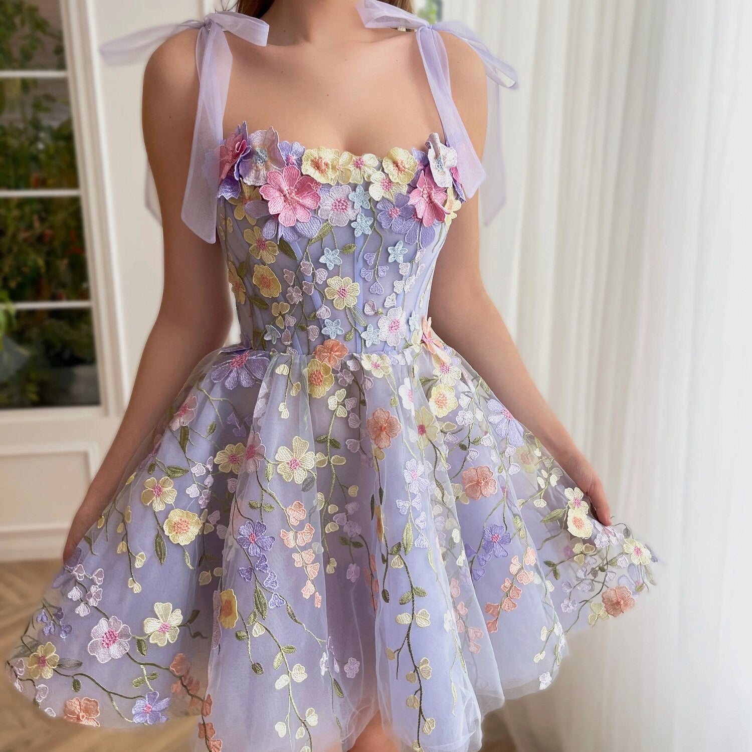 Adjustable Tie Bow strap Light Purple Mini Floral Dress 3D Embroidery Layered Evening Prom Dress Elegant Summer Flowers Dresses