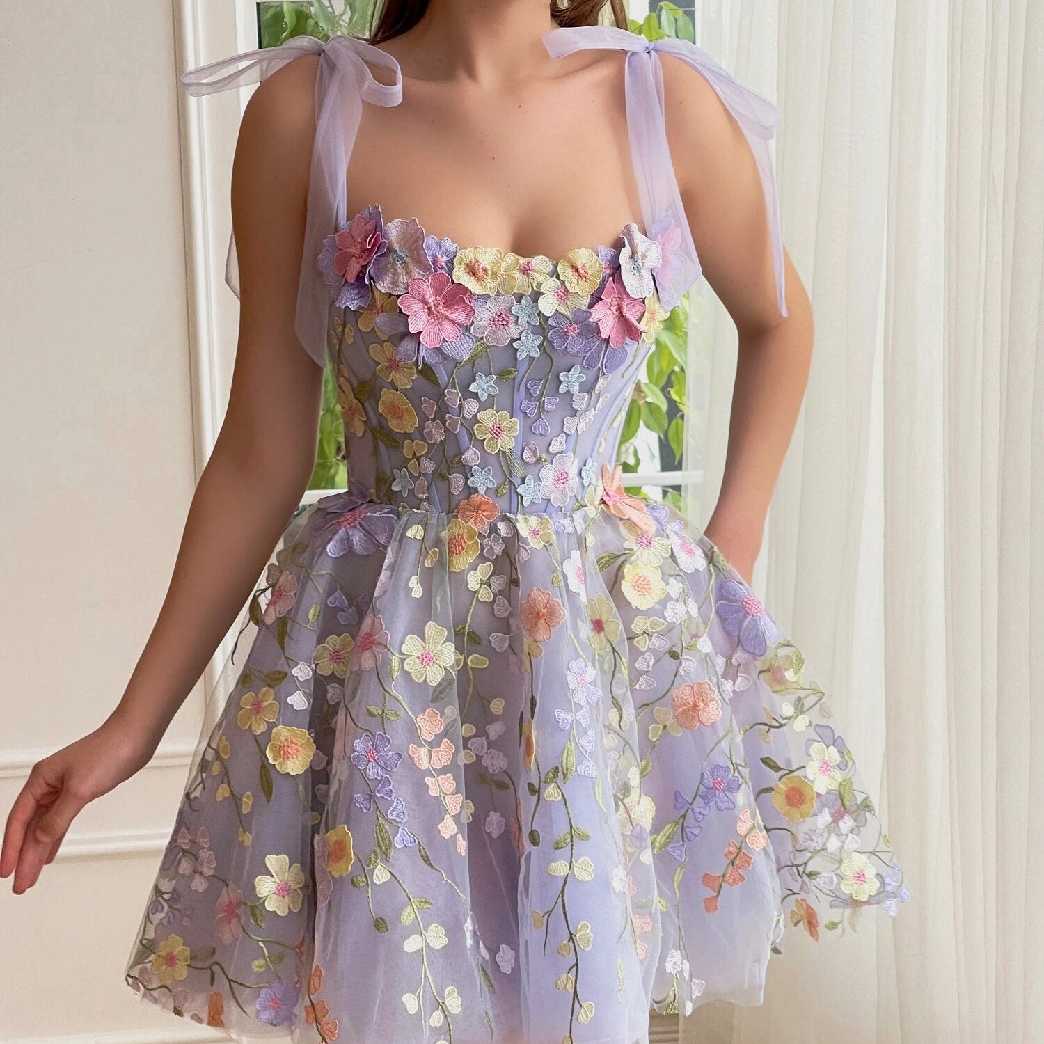Adjustable Tie Bow strap Light Purple Mini Floral Dress 3D Embroidery Layered Evening Prom Dress Elegant Summer Flowers Dresses