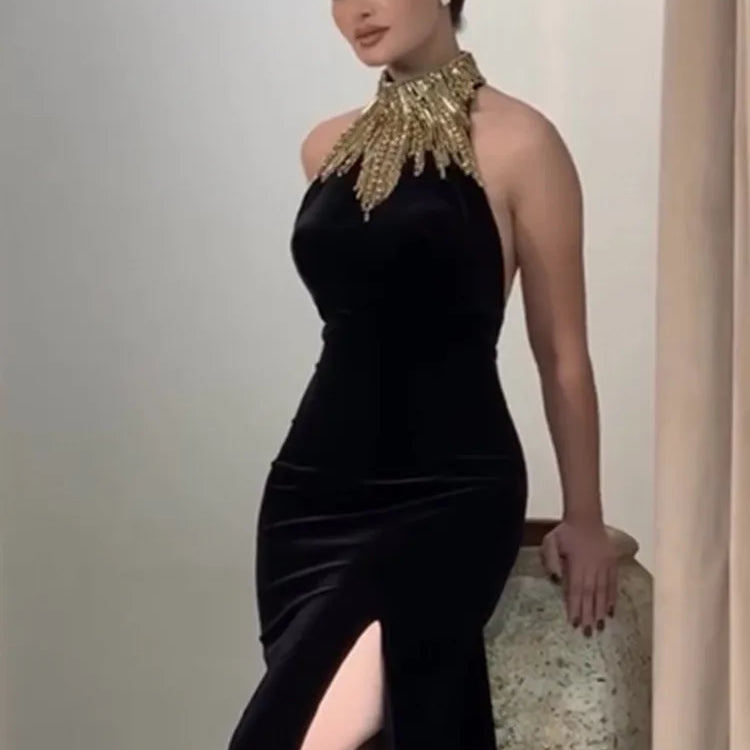 Women Celebrity Sexy Turtleneck Beading Patchwork Black Maxi Long Bodycon Bandage Dress 2025 Elegant Evening Club Party Outfit black