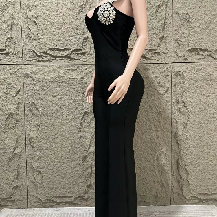 Summer new socialite style women's sexy suspender, luxurious diamond inlaid flower temperament, elegant bandage jumpsuit