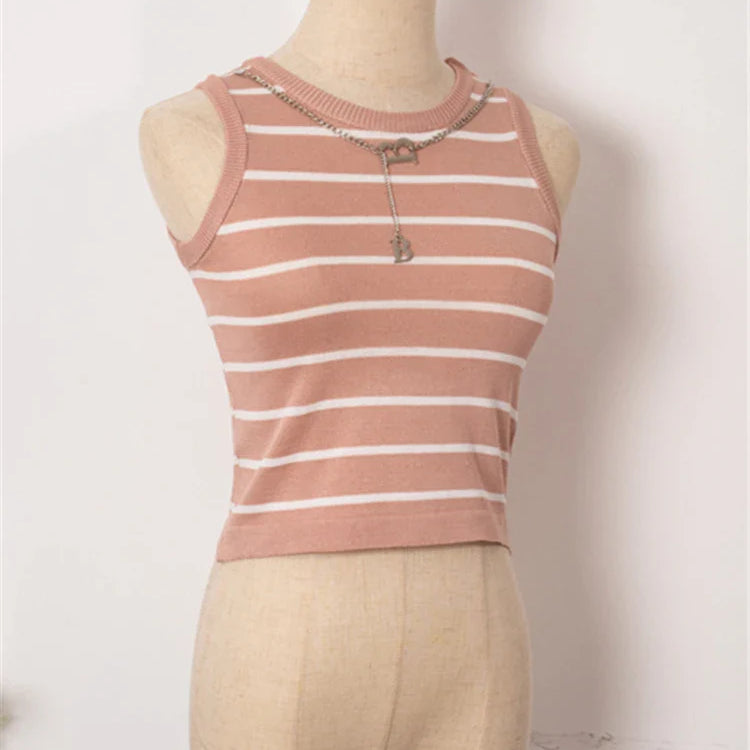 Colorfaith New 2022 Basic Bottoming Striped Chain Elasticity Vests Women Tank & Camis Autumn Winter Wild Crop Short Tops V3420DG