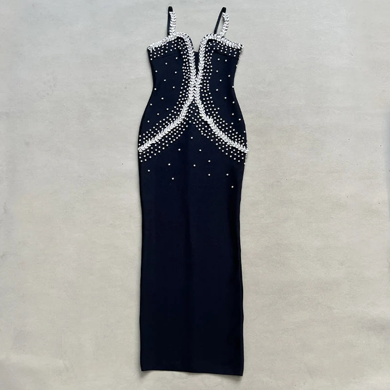 High quality women's summer new black sexy suspender hot stamping diamond backless slim fitting bandage dress elegant and fashio