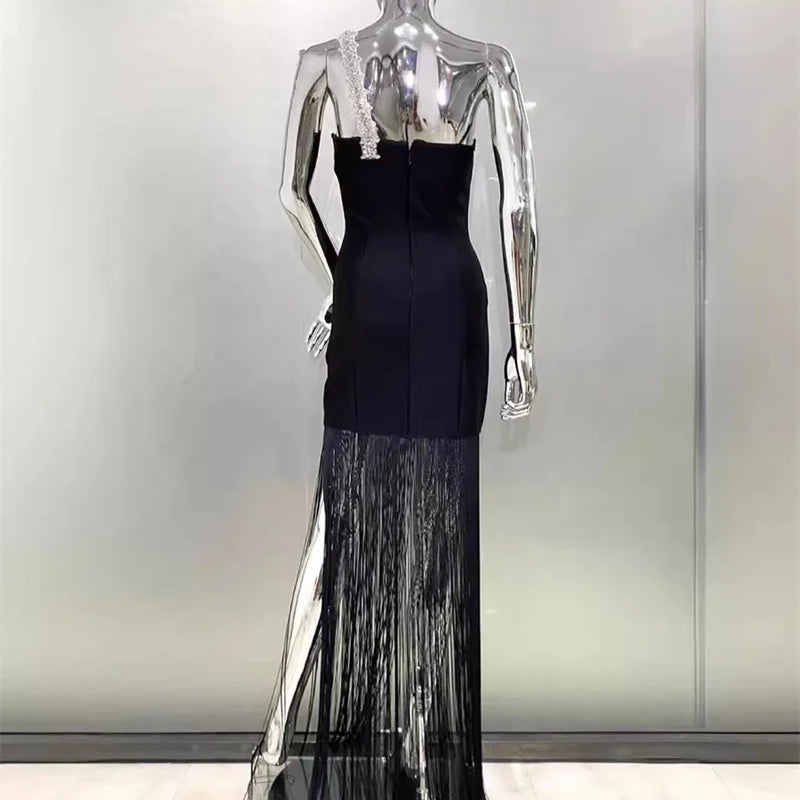 2024 Summer Women New Black Sexy One Shoulder Diamond Sleeveless Bodycon Bandage Dress Elegant Fashion Tassel Long Dress