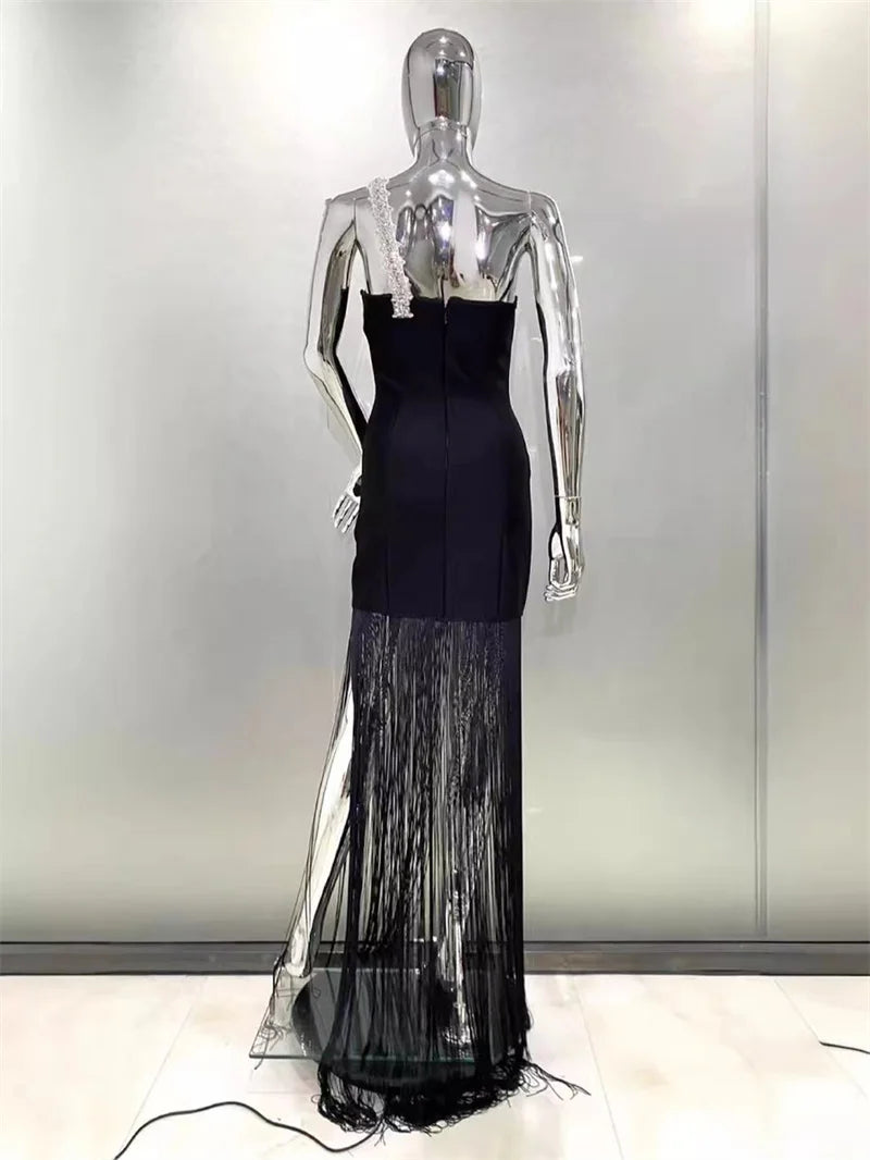 2024 Summer Women New Black Sexy One Shoulder Diamond Sleeveless Bodycon Bandage Dress Elegant Fashion Tassel Long Dress