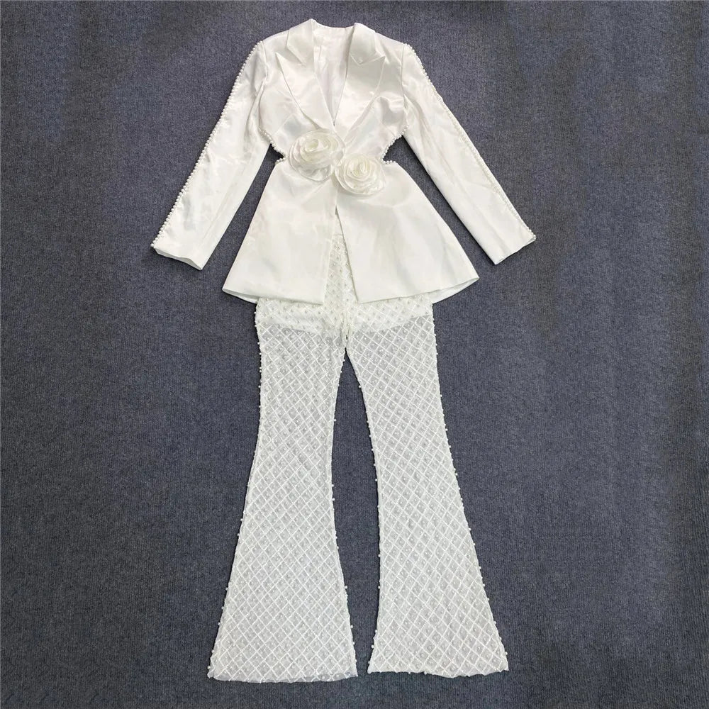 Luxury Women's New Fashion Sexy Hollow Long sleeved Top+High Waist Tight Wrap Hip Long Pants Two Piece Set Vintage WHITE