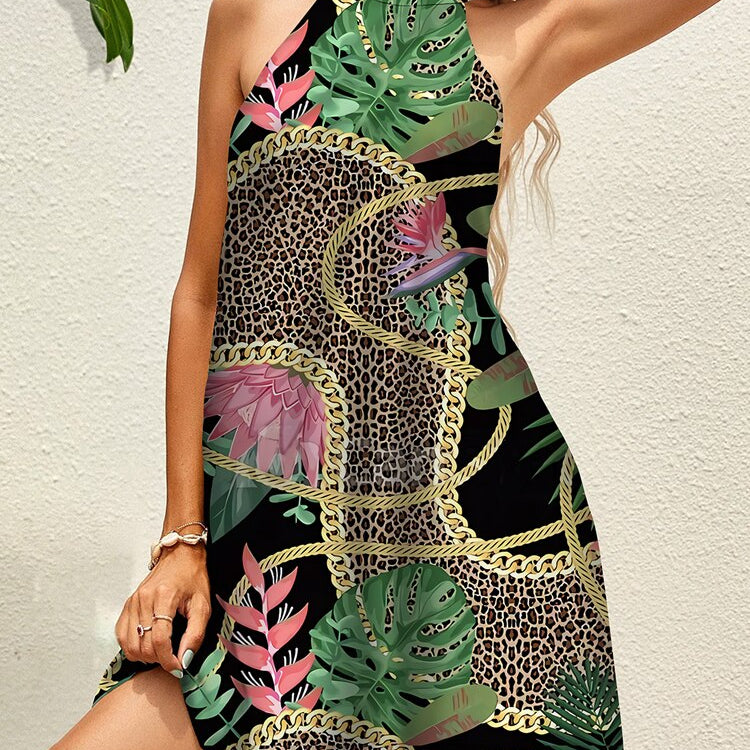 Tropical Floral Chain Print Halter Dress Summer Women's Sleeveless Lace Up Mini Dress Elegant Vestidos Boho Party Beach Sundress 3