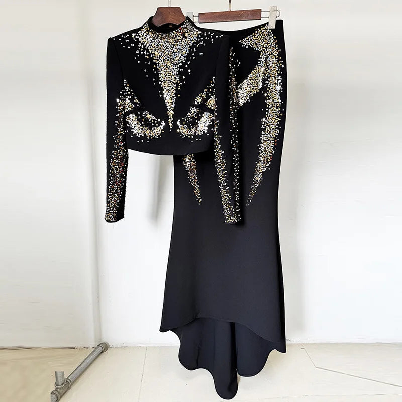 High Street Women's New Star Fashion Heavy Industry Embroidered sequin Short Top Fish Tail Half Skirt Set Two Piece Set