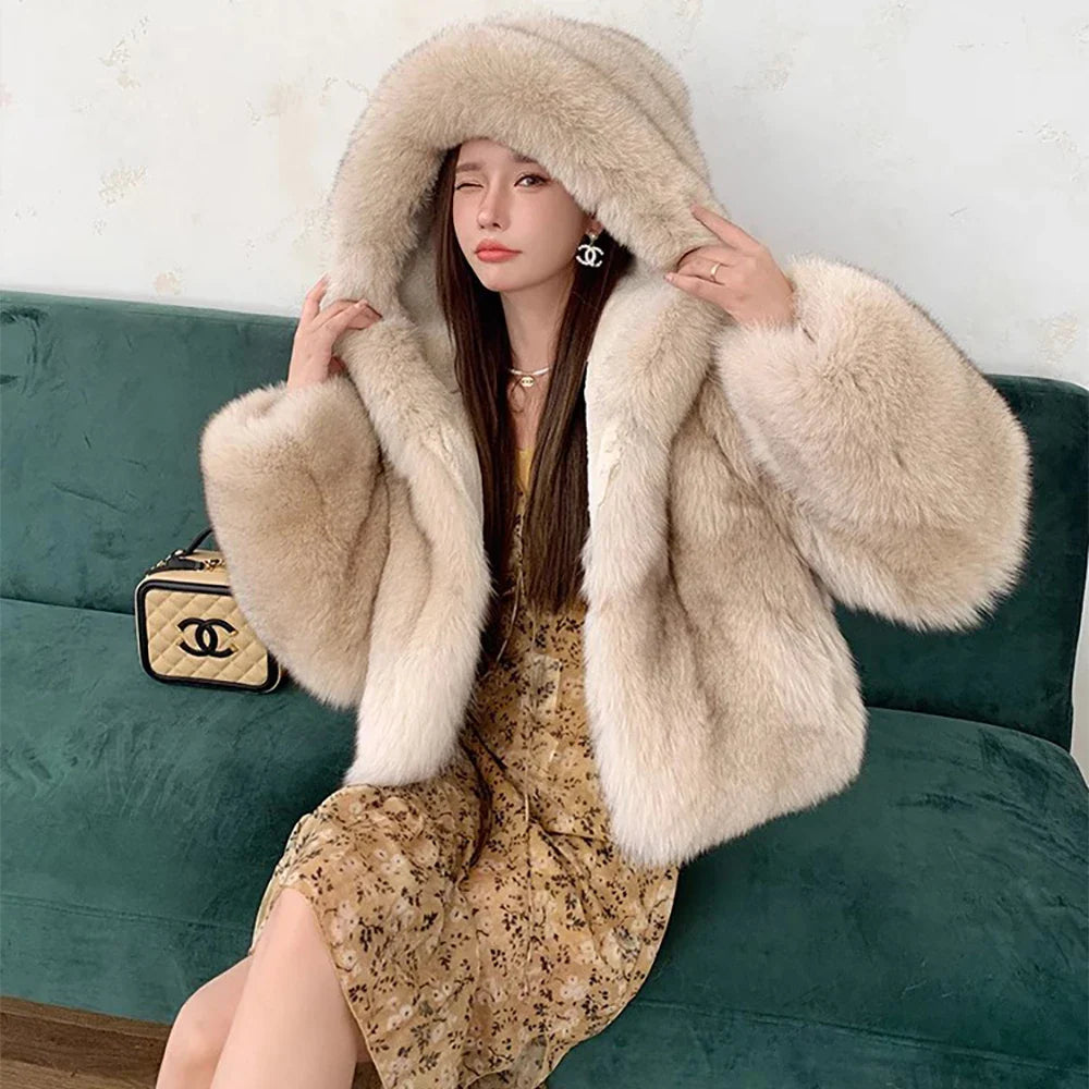 Faux fur coat for Women Luxury fur coat faux fur jackets for women faux fur Hooded coat Vintage fur coat Khaki