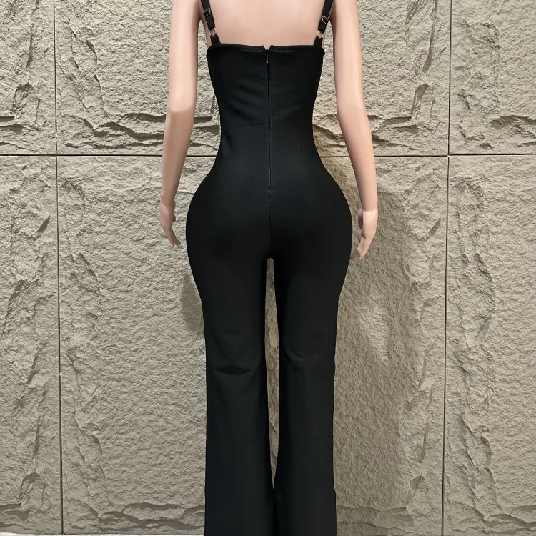 Summer new socialite style women's sexy suspender, luxurious diamond inlaid flower temperament, elegant bandage jumpsuit