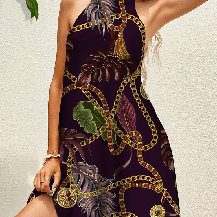 Tropical Floral Chain Print Halter Dress Summer Women's Sleeveless Lace Up Mini Dress Elegant Vestidos Boho Party Beach Sundress 7