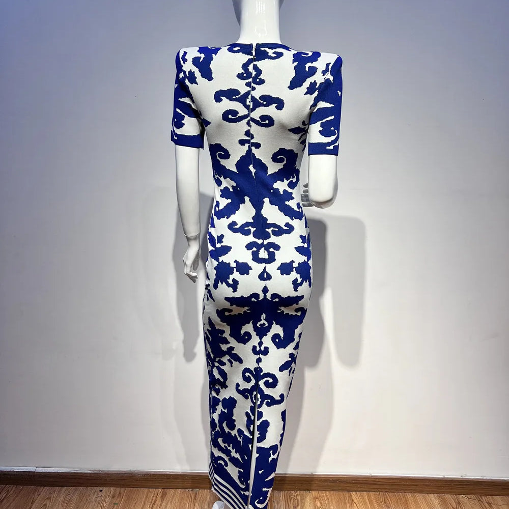 2024 Summer Women's Fashion Printed Bandage Dress Sexy Short sleeved Round Neck Chinese Style Long Dress Elegant Party Dress