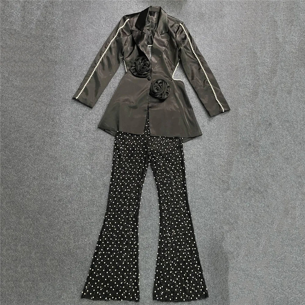 Luxury Women's New Fashion Sexy Hollow Long sleeved Top+High Waist Tight Wrap Hip Long Pants Two Piece Set Vintage black