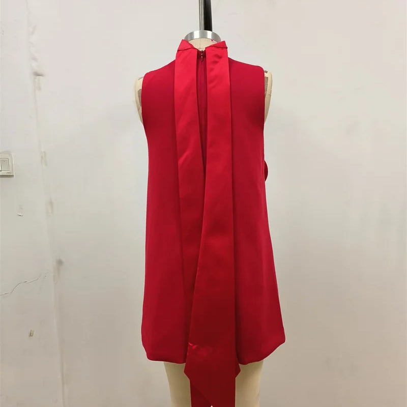 2024 Women summer new red stand up collar lace up flower design sleeveless three-dimensional flower dress elegant fashion party