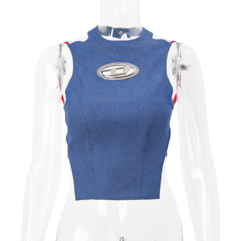 Y2k Women Blue Denim Slim Tank Top Backless Sexy Half-high Collar Crop Tops Lace-up Streetwear Irregular Corsets Vest 2024