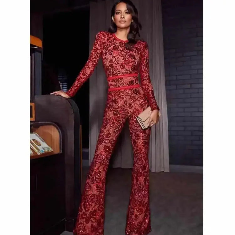 2021 Spring New Jumpsuits Hot Sale Sexy Lace Hollow Out Rompers Red Flame Pants Women's Fashion Club Street Wear Claret