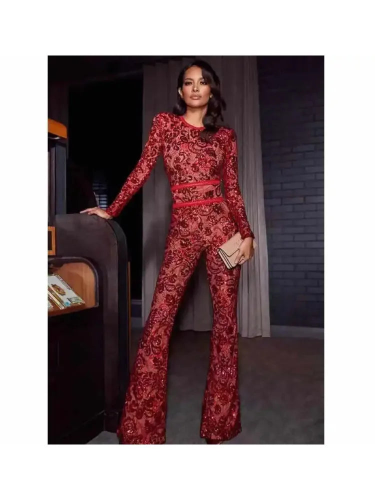 2021 Spring New Jumpsuits Hot Sale Sexy Lace Hollow Out Rompers Red Flame Pants Women's Fashion Club Street Wear Claret