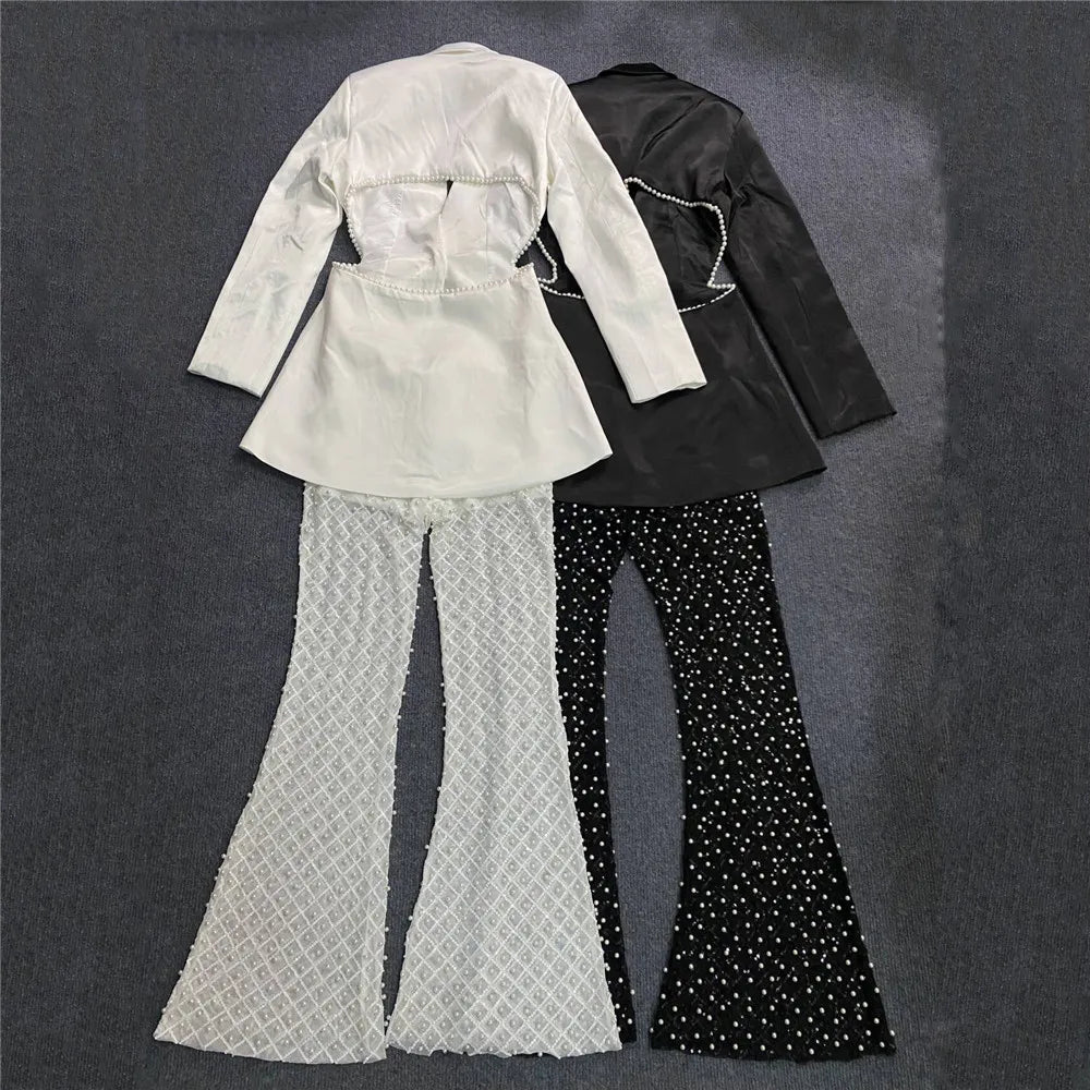 Luxury Women's New Fashion Sexy Hollow Long sleeved Top+High Waist Tight Wrap Hip Long Pants Two Piece Set Vintage