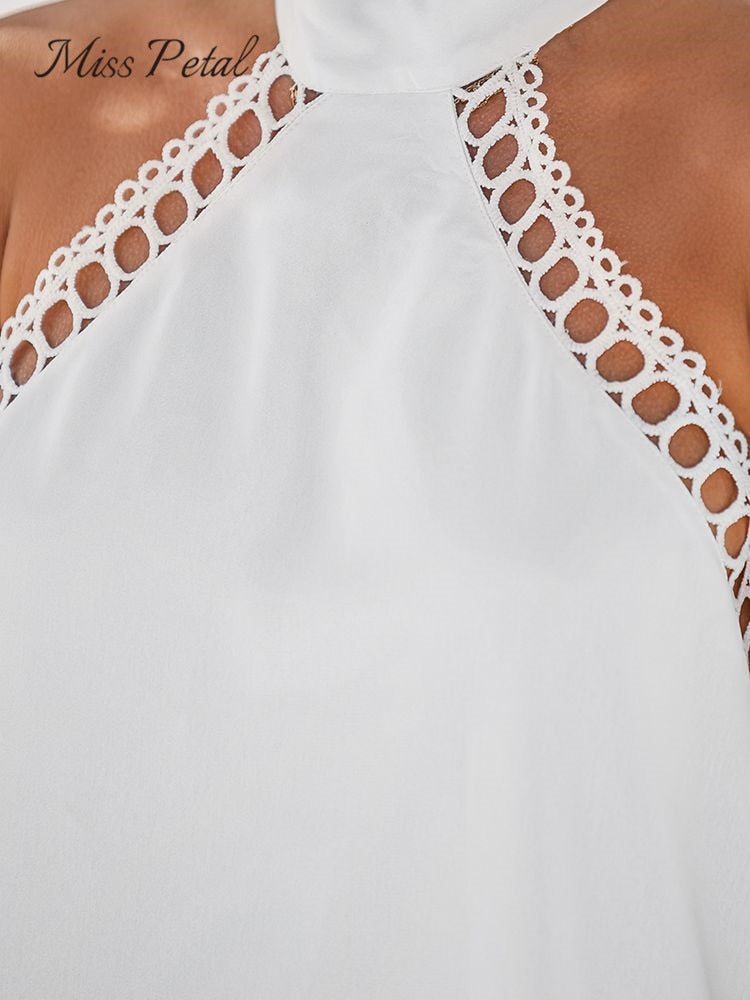 White Lace Trim Halter Mini Dress For Women Sexy Backless Sleeveless Holiday Beach A-line Dress 2024 Summer Female Dress
