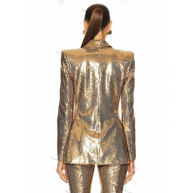 High quality star fashion gold sequin suit jacket+pants set two-piece set
