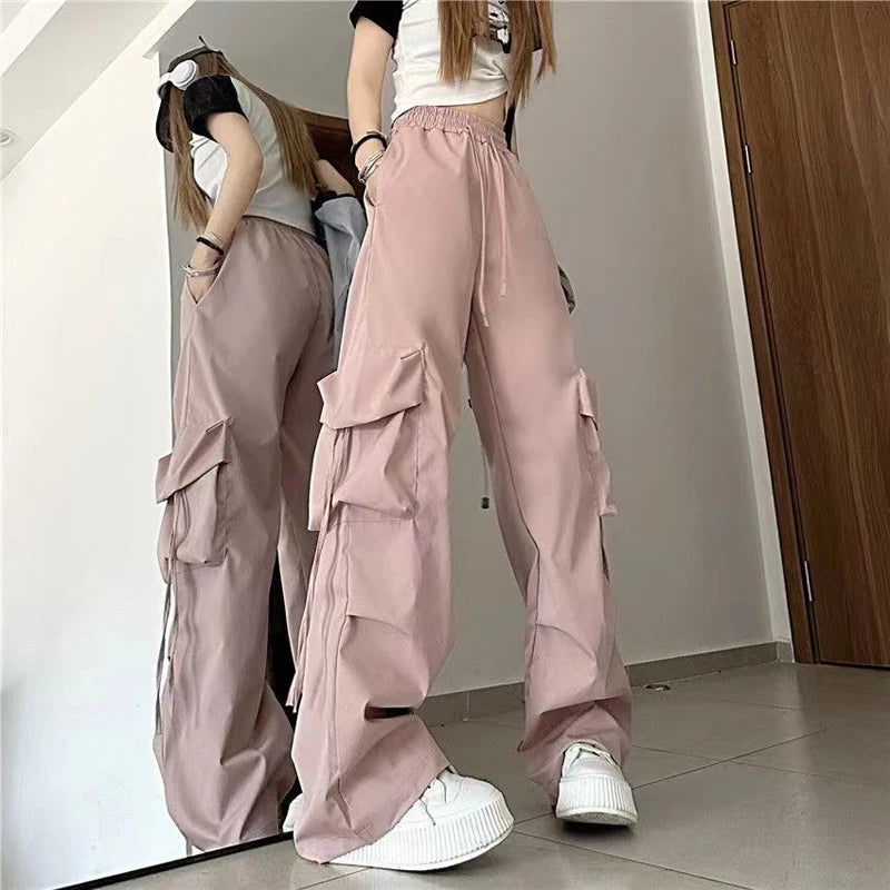 Women Y2K Cargo Pants High Waist Streetwear Hip Hop Trousers Female Big Pockets Casual Low Waist Drawstring Baggy Sweatpants Pink