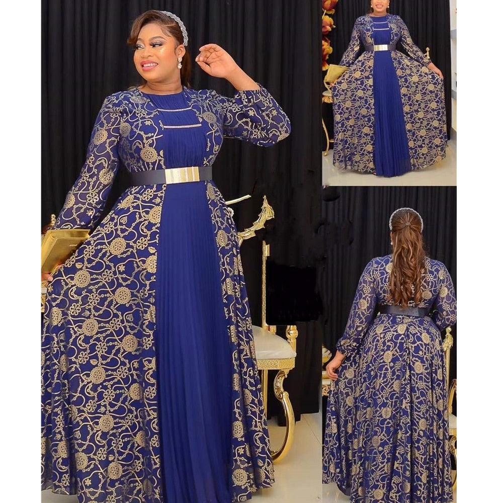 African Maxi Dresses For Women 2024 Plus Size Evening Party Long Dress Africa Clothing Elegant Kaftan Muslim Chiffon Dress Navy Blue