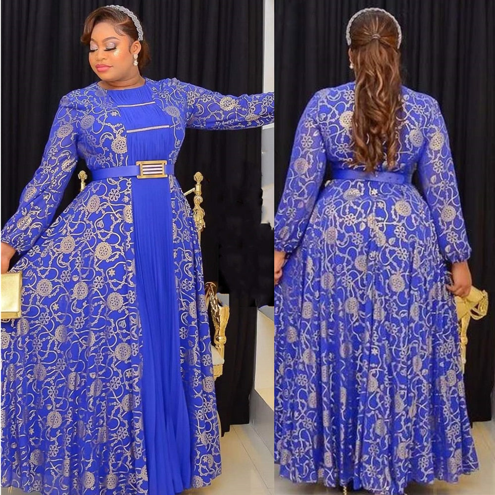 African Maxi Dresses For Women 2024 Plus Size Evening Party Long Dress Africa Clothing Elegant Kaftan Muslim Chiffon Dress Blue