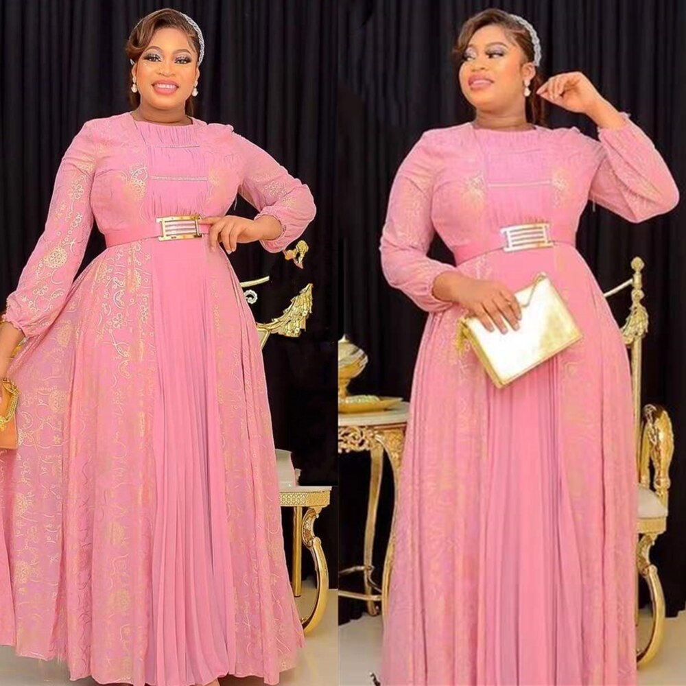 African Maxi Dresses For Women 2024 Plus Size Evening Party Long Dress Africa Clothing Elegant Kaftan Muslim Chiffon Dress Pink