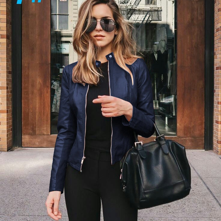 Allukasa Women Bike Coat PU Leather Outwear Zipper Outfit Spring Autumn WomeFashion Short Thin Female Jacket 7