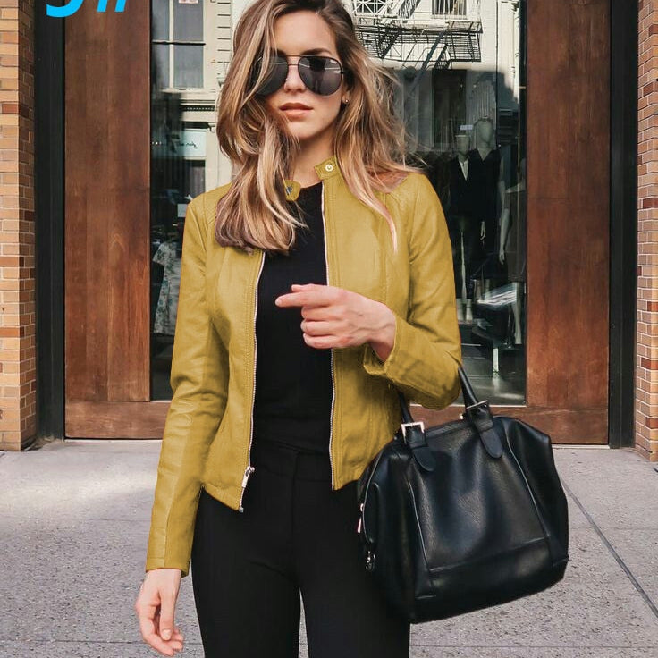 Allukasa Women Bike Coat PU Leather Outwear Zipper Outfit Spring Autumn WomeFashion Short Thin Female Jacket 9