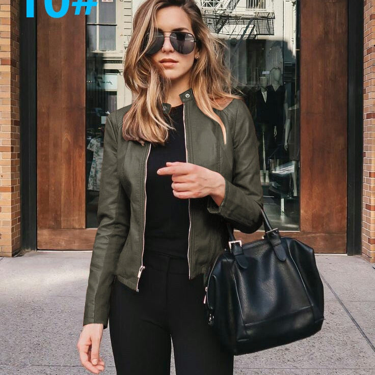 Allukasa Women Bike Coat PU Leather Outwear Zipper Outfit Spring Autumn WomeFashion Short Thin Female Jacket 10