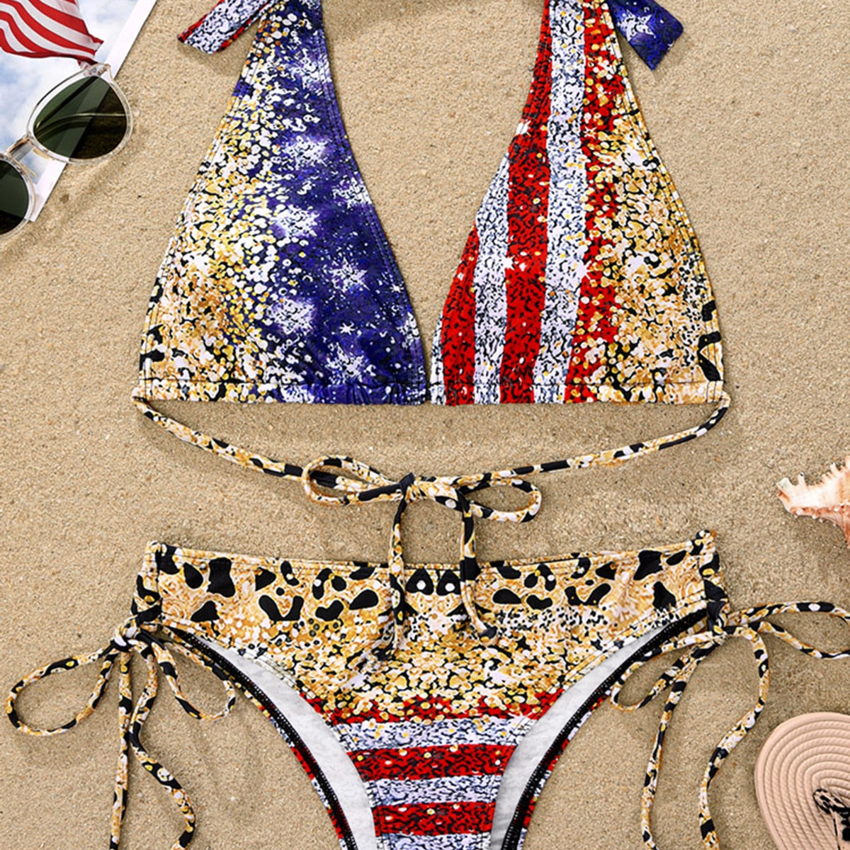 American Flag Leopard Glitter Drawstring Bikini Set 2024 mujer Sexy Backless Lace-up Swimsuit Beach Swimwear For Women 2 Pieces
