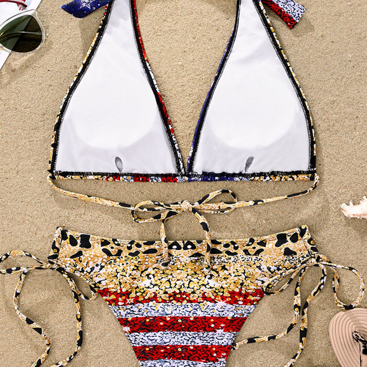 American Flag Leopard Glitter Drawstring Bikini Set 2024 mujer Sexy Backless Lace-up Swimsuit Beach Swimwear For Women 2 Pieces