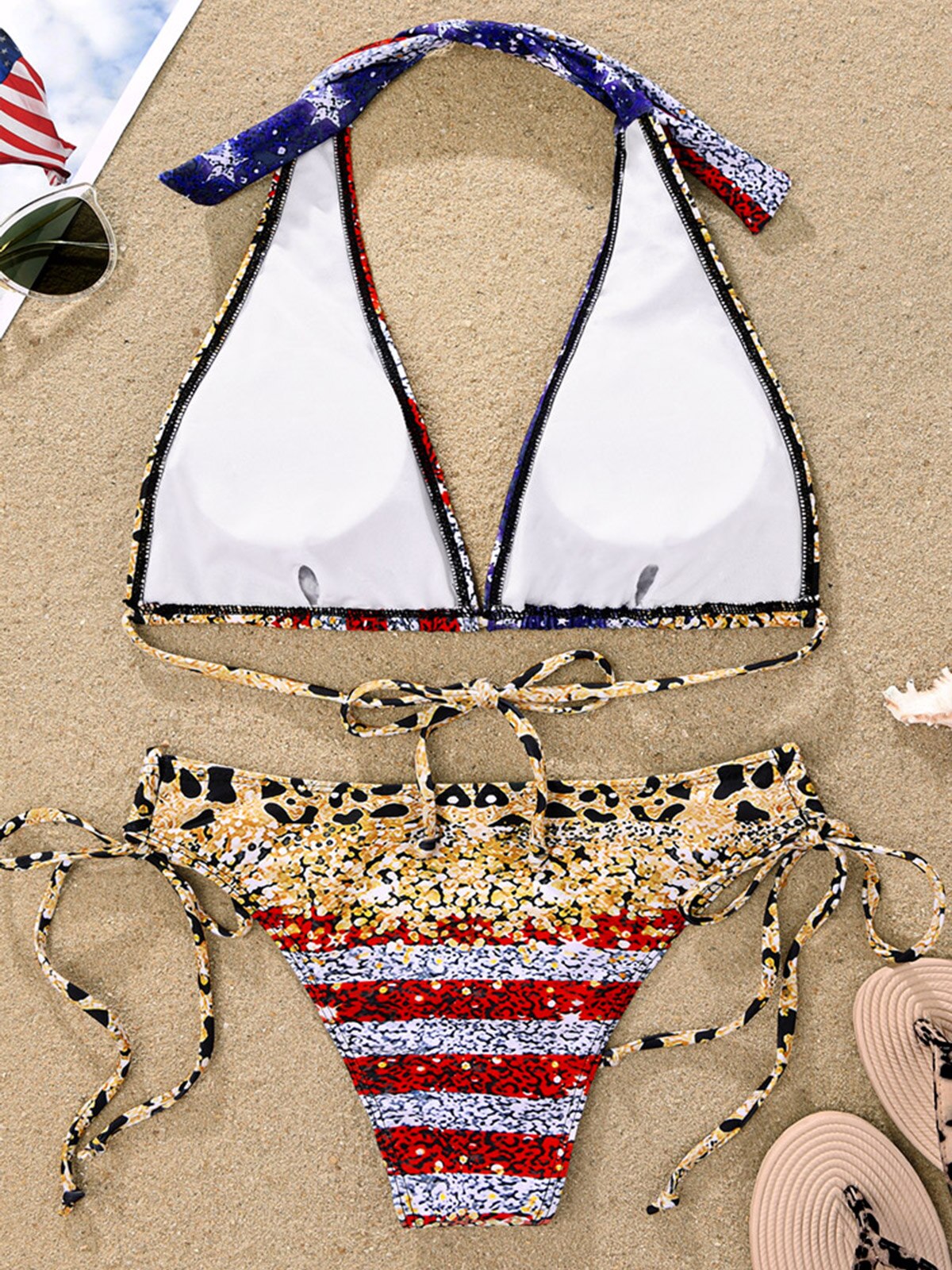 American Flag Leopard Glitter Drawstring Bikini Set 2024 mujer Sexy Backless Lace-up Swimsuit Beach Swimwear For Women 2 Pieces